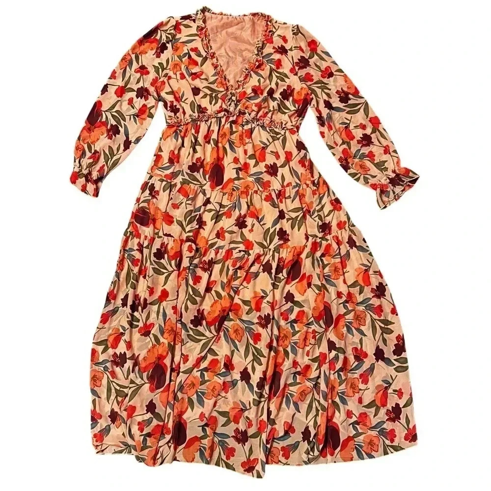 Womens XL Casual Floral Deep V Neck Long Sleeve Long Dress Maxi Coral Orange EUC